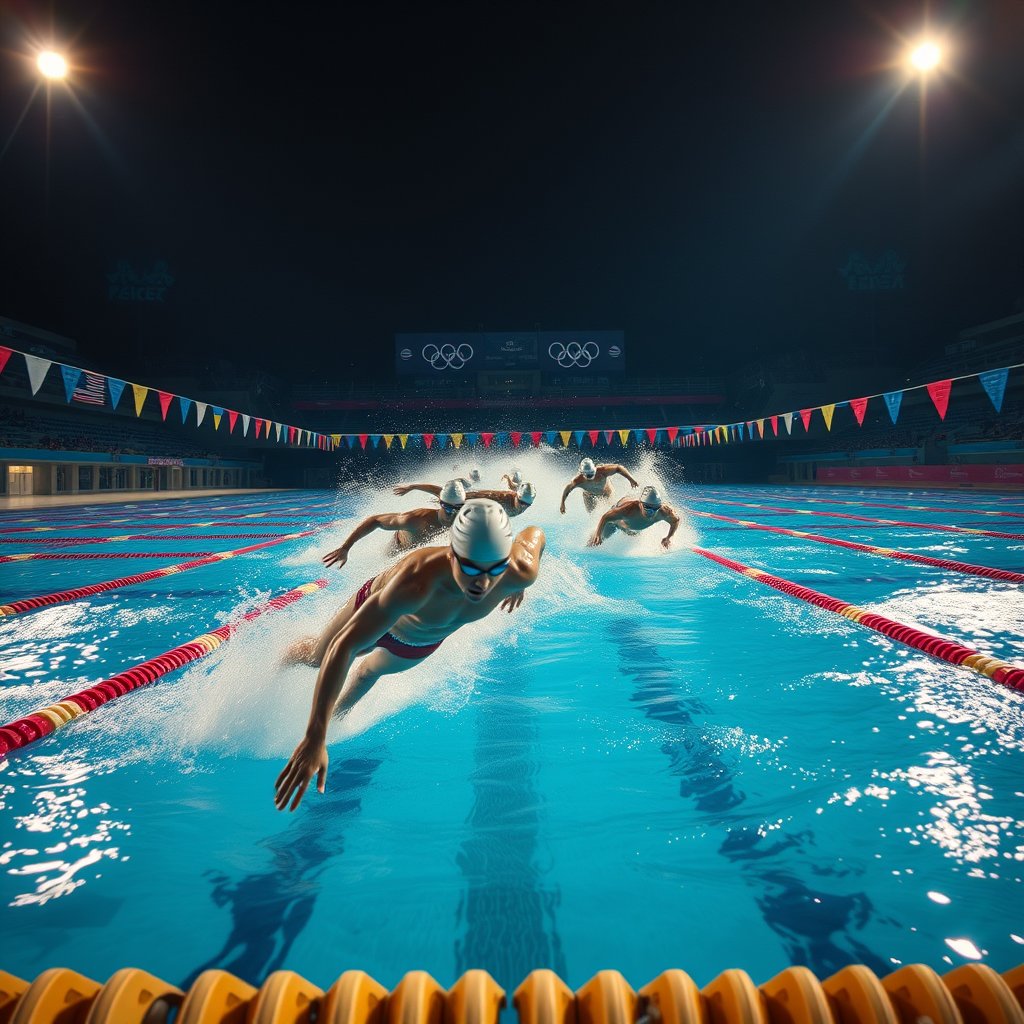 olympic swimmers diving in at the start of a swimming race, cinematic lighting, vibrant colors, dramatic atmosphere