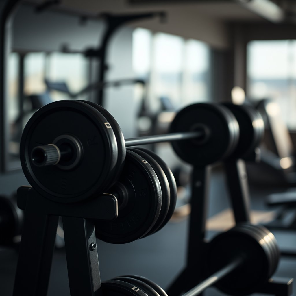 gym barbell weights rack, moody light, soft natural light, shallow depth of field, bokeh