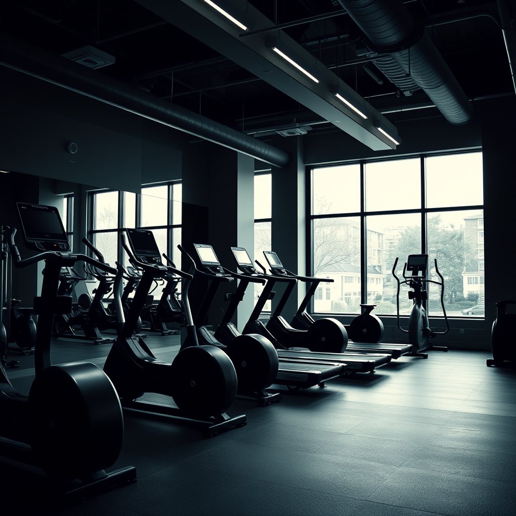 gym equipment, fitness club interior, clean light space, moody lighting, high contrast, fine art photography