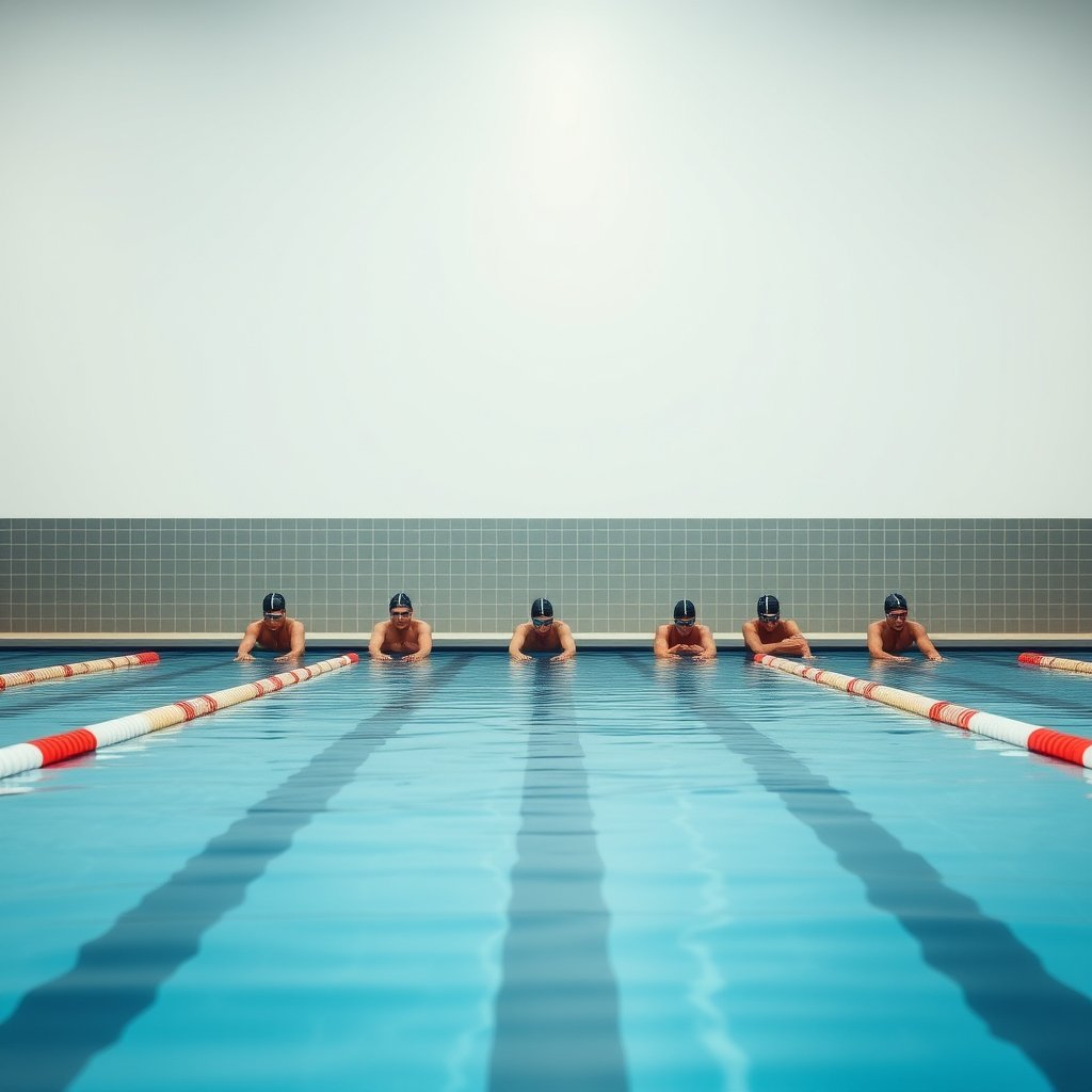 A swimming pool enviroment with squad members lined up readyto starta race, minimalist composition, clean background, elegant