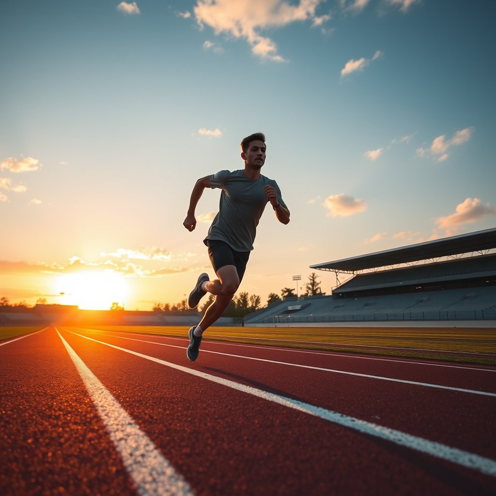 a runner sprinting on a track at sunset, ultra realistic, crisp details, studio quality