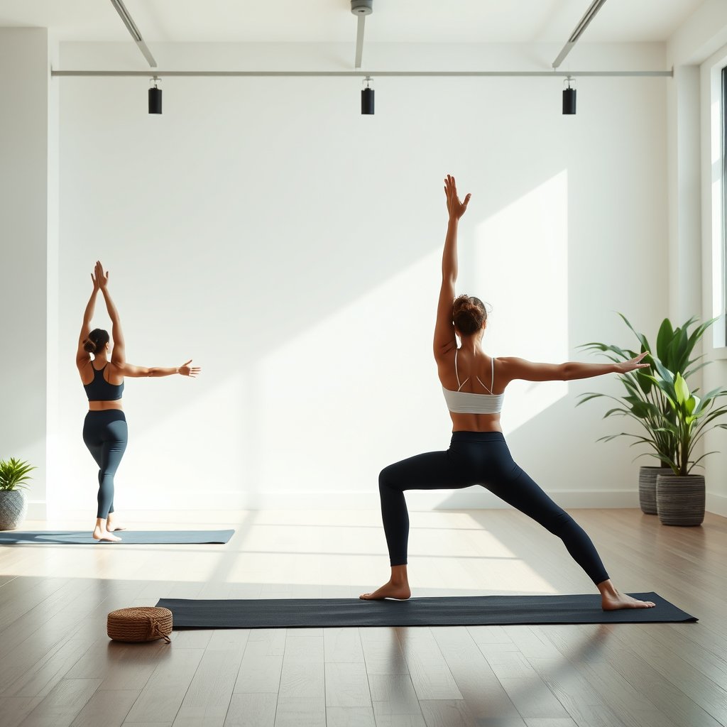 a yoga session in a bright studio, ultra realistic, crisp details, studio quality