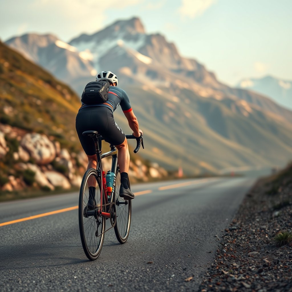a cyclist riding through a mountain road, ultra realistic, crisp details, studio quality