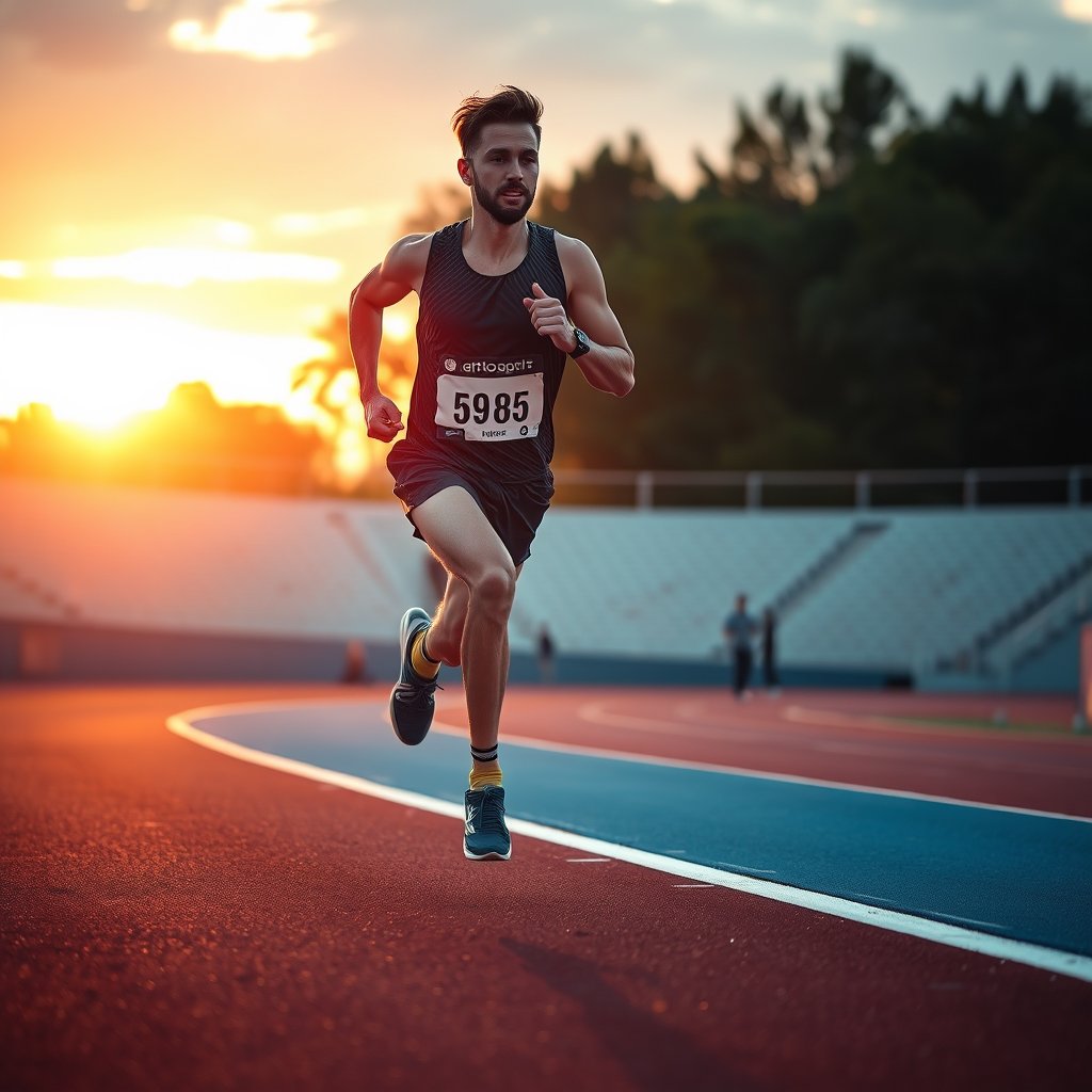 a runner sprinting on a track at sunset, highly detailed, 8k, professional photography, sharp focus