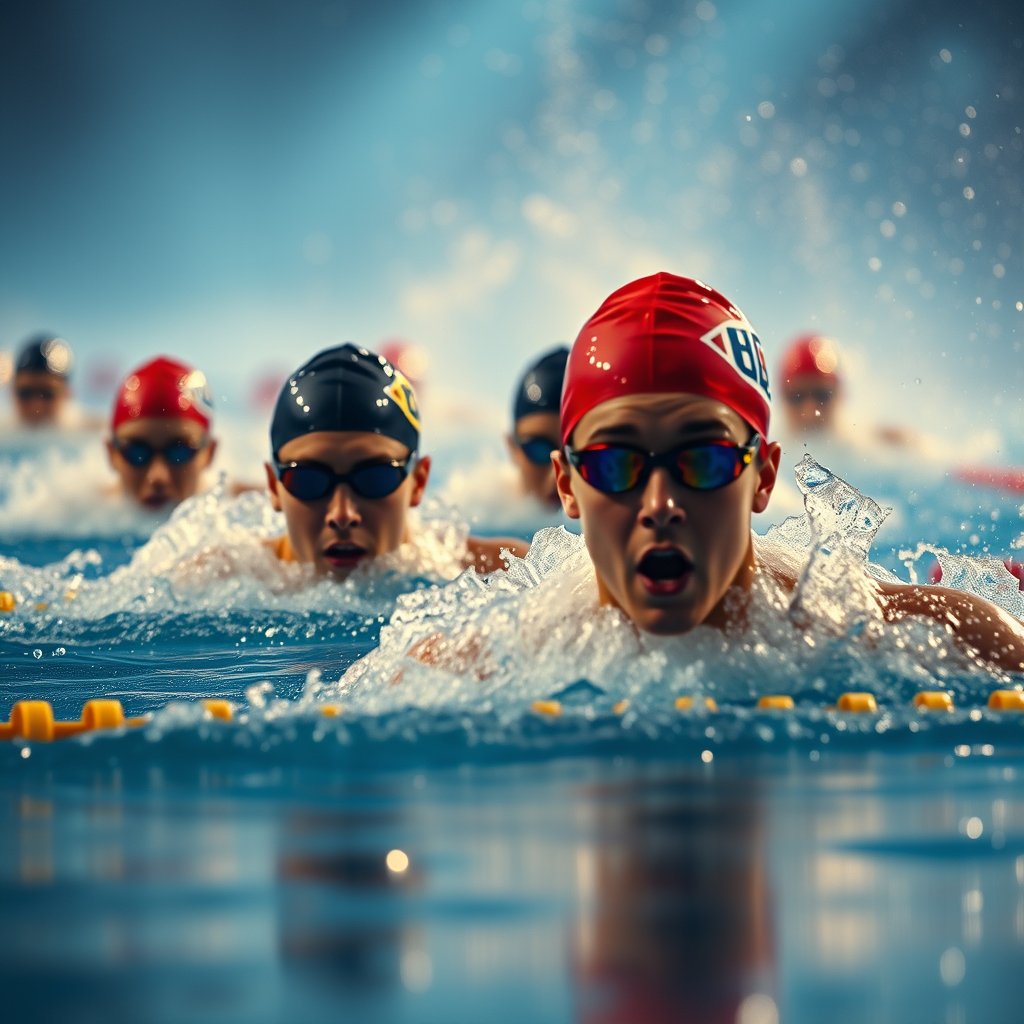 olympic swimmers in a race, cinematic lighting, vibrant colors, dramatic atmosphere