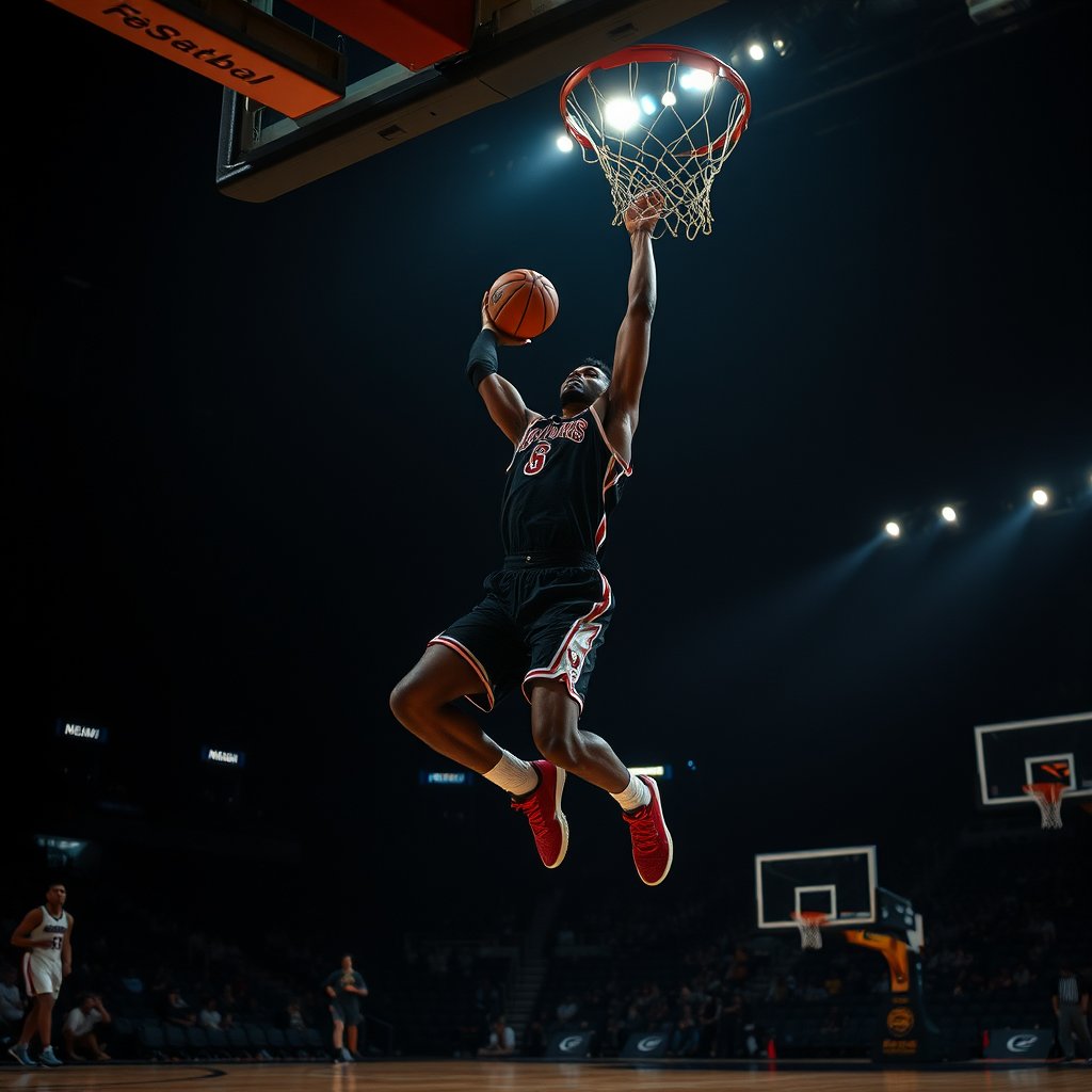 a basketball player dunking with dramatic lighting, moody lighting, high contrast, fine art photography