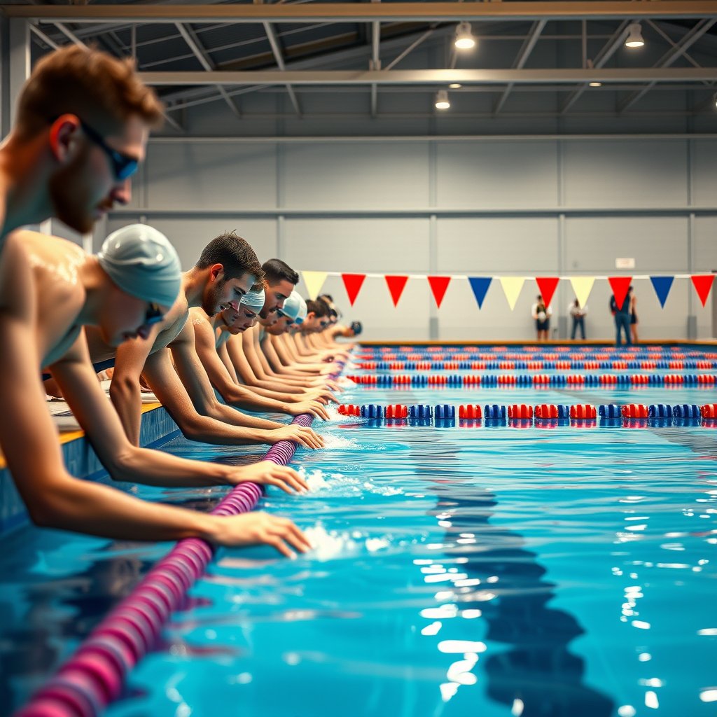 A swimming pool enviroment with squad members lined up readyto start a race from the staring blocks mixed male and female masters swimmers, highly detailed, 8k, professional photography, sharp focus