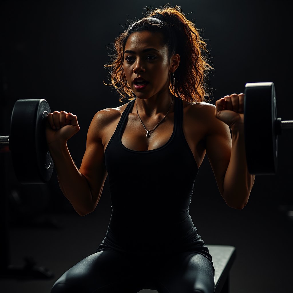 woman workout in a dark gym make her multicultural, make her lifting weight and sweating on a bench, moody lighting, high contrast, fine art photography