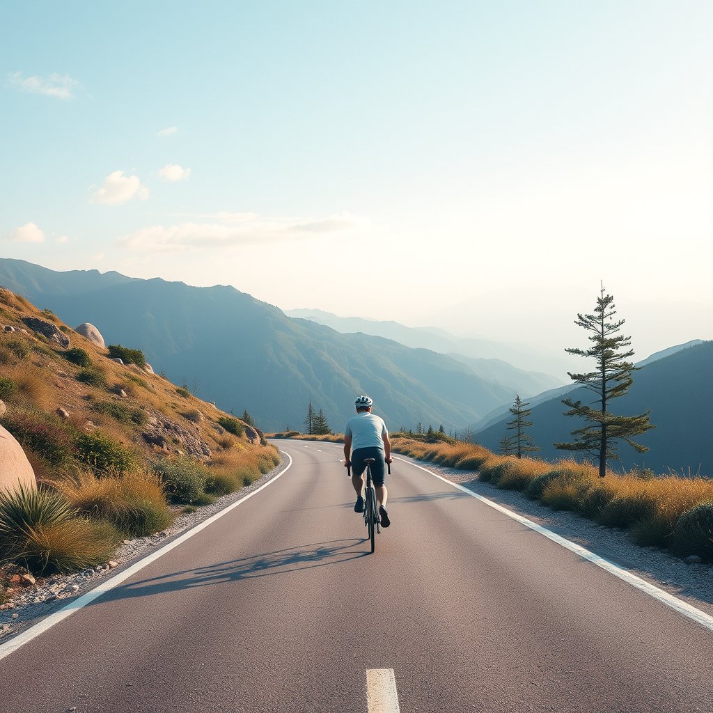 a cyclist riding through a mountain road, bright and airy, pastel tones, dreamy aesthetic