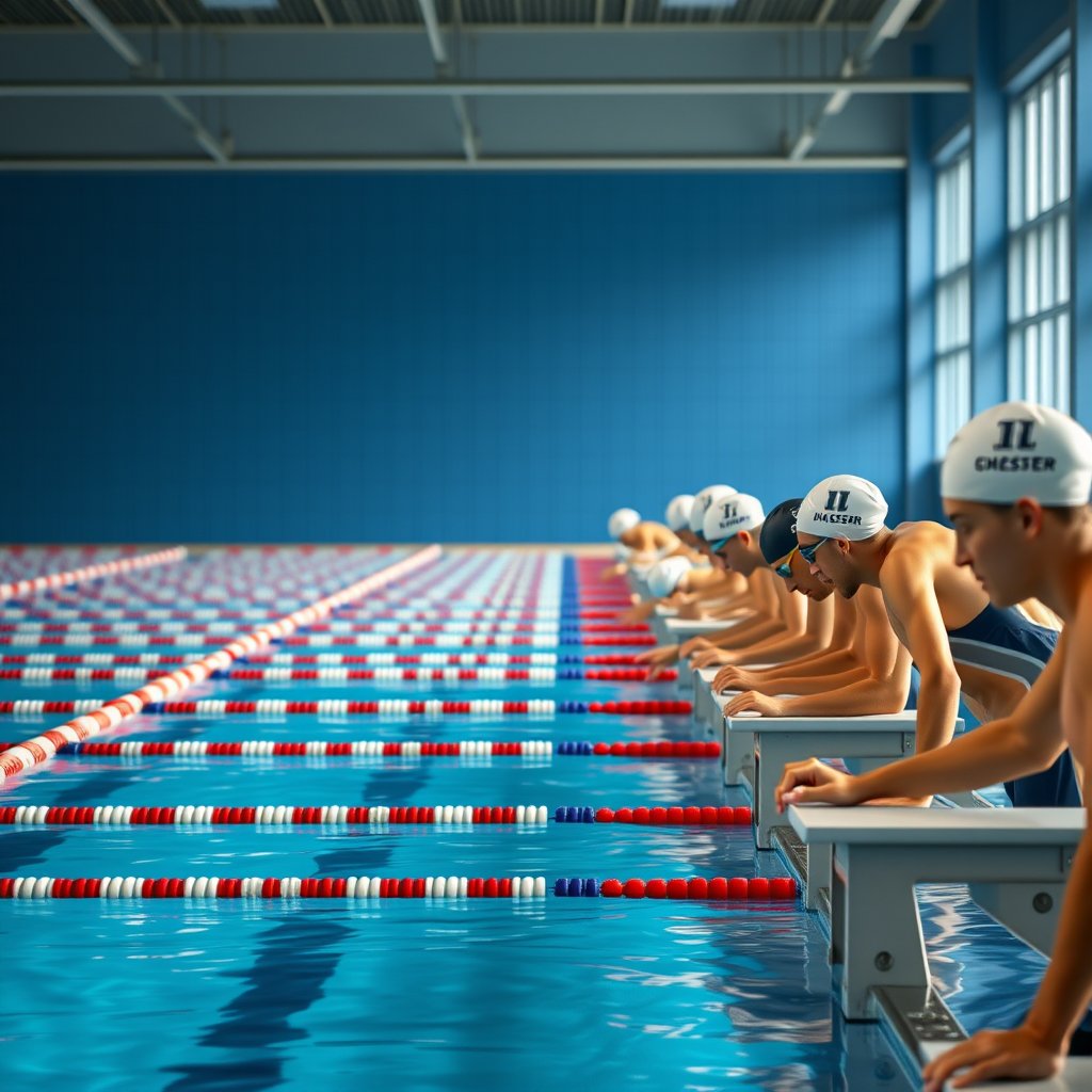 A swimming pool enviroment with squad members lined up readyto start a race from the staring blocks mixed male and female masters swimmers. must be on the starting blocks, ultra realistic, crisp details, studio quality