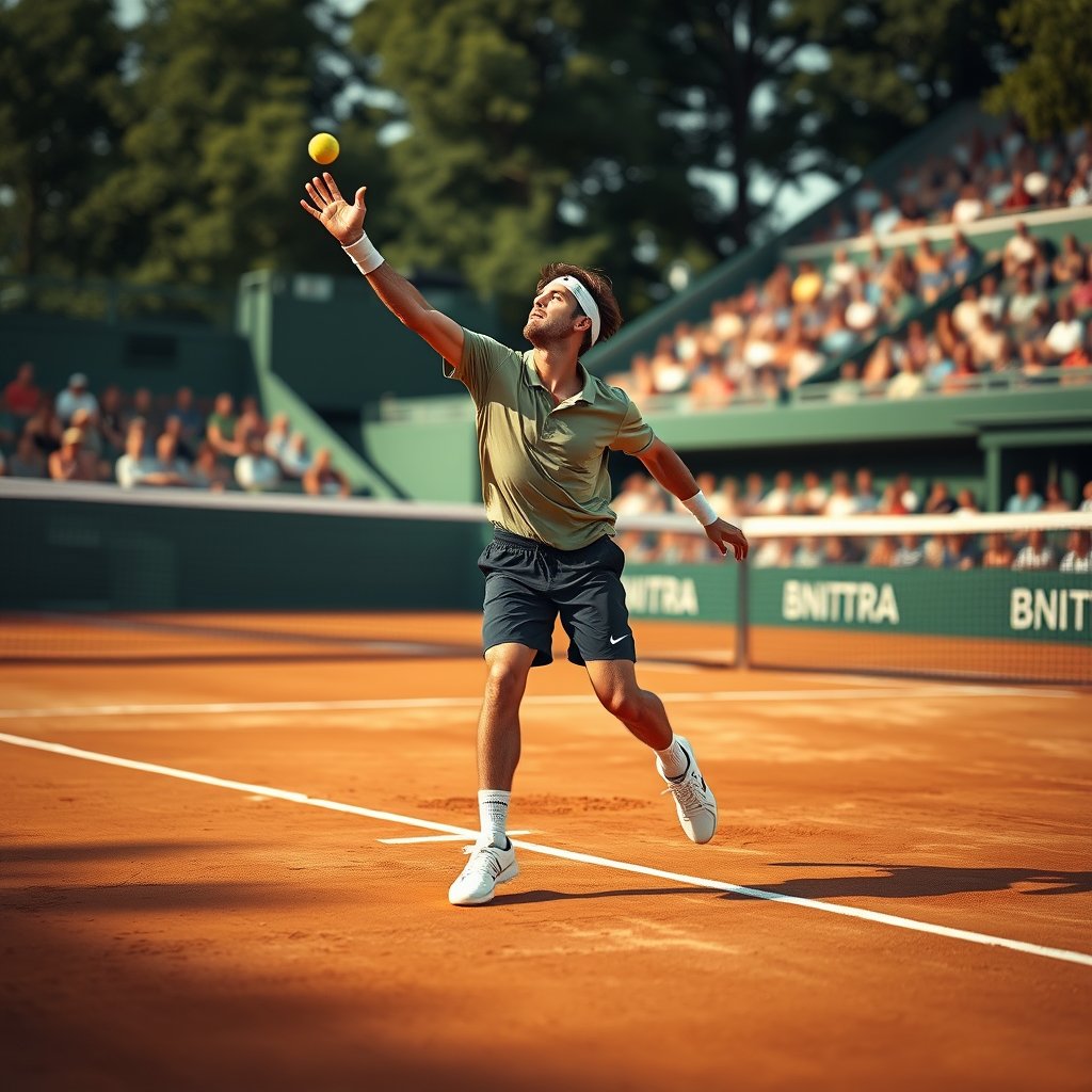 a tennis player serving on a clay court, ultra realistic, crisp details, studio quality