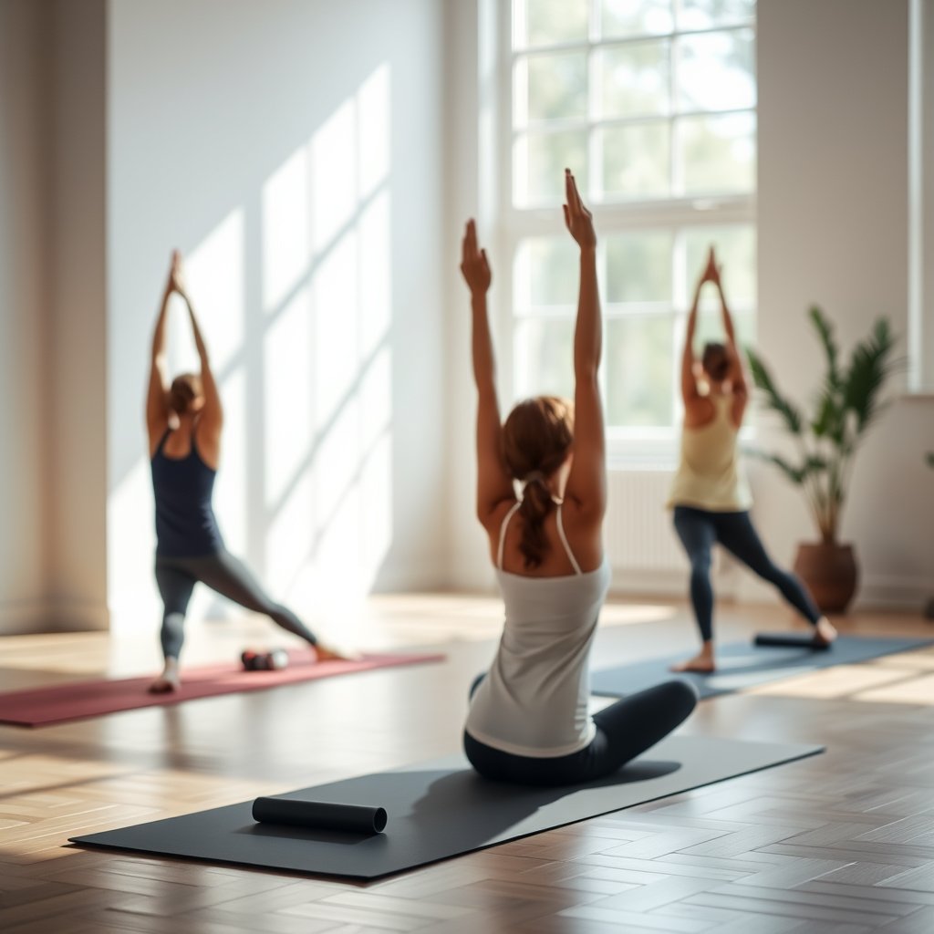 a yoga session in a bright studio, soft natural light, shallow depth of field, bokeh