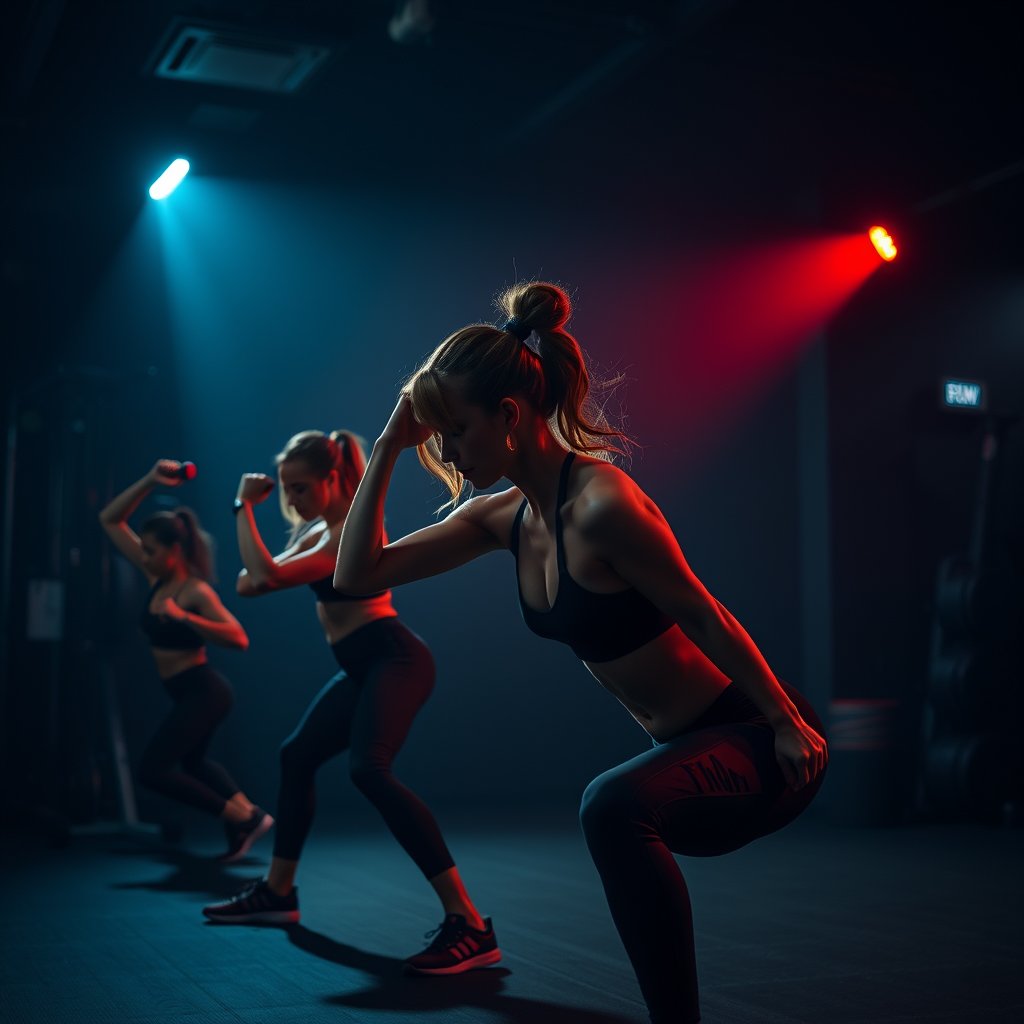women workout in a dark gym, cinematic lighting, vibrant colors, dramatic atmosphere