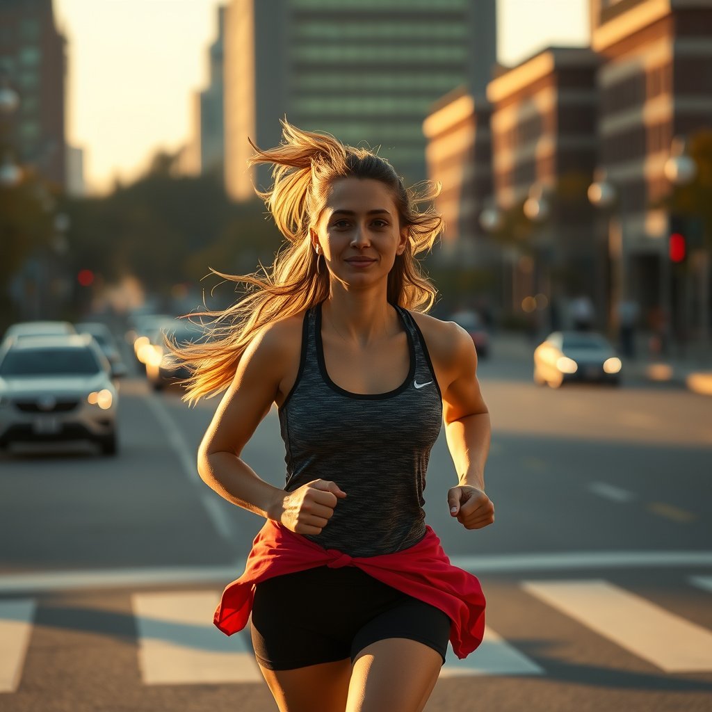 woman running city morning, athletic, golden hour lighting, warm tones, atmospheric