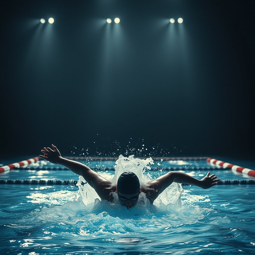 a swimmer diving into a pool, action shot, moody lighting, high contrast, fine art photography