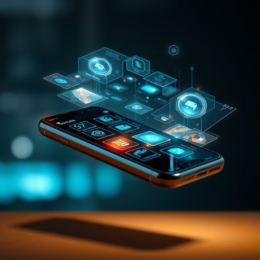 a smartphone floating with holographic interface, ultra realistic, crisp details, studio quality