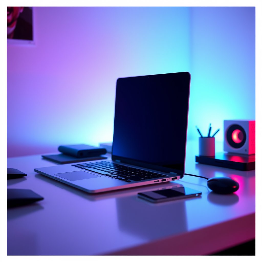 a sleek modern laptop on a clean desk with soft lighting, cinematic lighting, vibrant colors, dramatic atmosphere