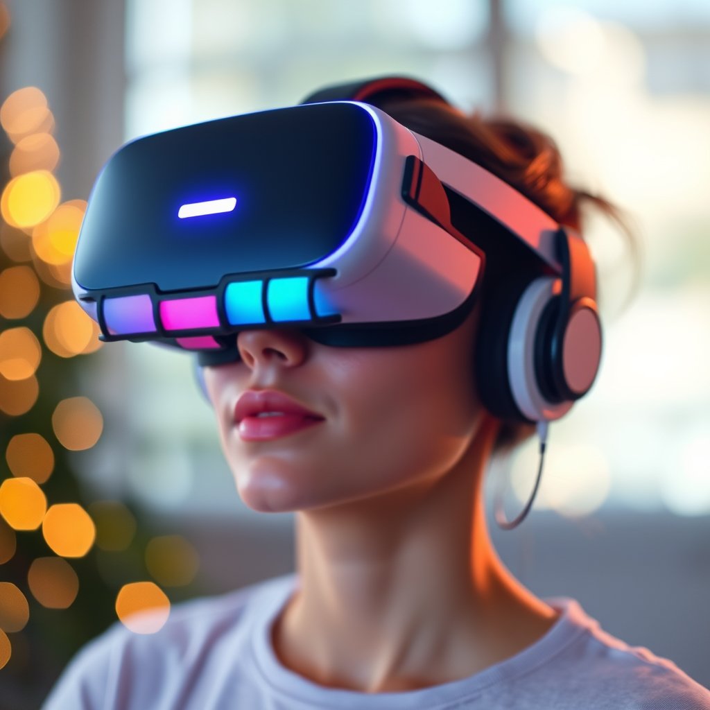 a virtual reality headset with neon light reflections, soft natural light, shallow depth of field, bokeh