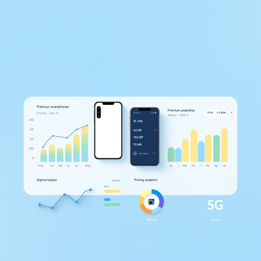 Minimal modern illustration of a Smartphone Market Analytics dashboard. Premium smartphones with simple charts, pricing analytics, battery, RAM, camera, and 5G icons. Clean white and blue background, subtle gradients, soft shadows, glassmorphism, professional Power BI dashboard style, elegant UI, high quality, no text, no watermark., minimalist composition, clean background, elegant