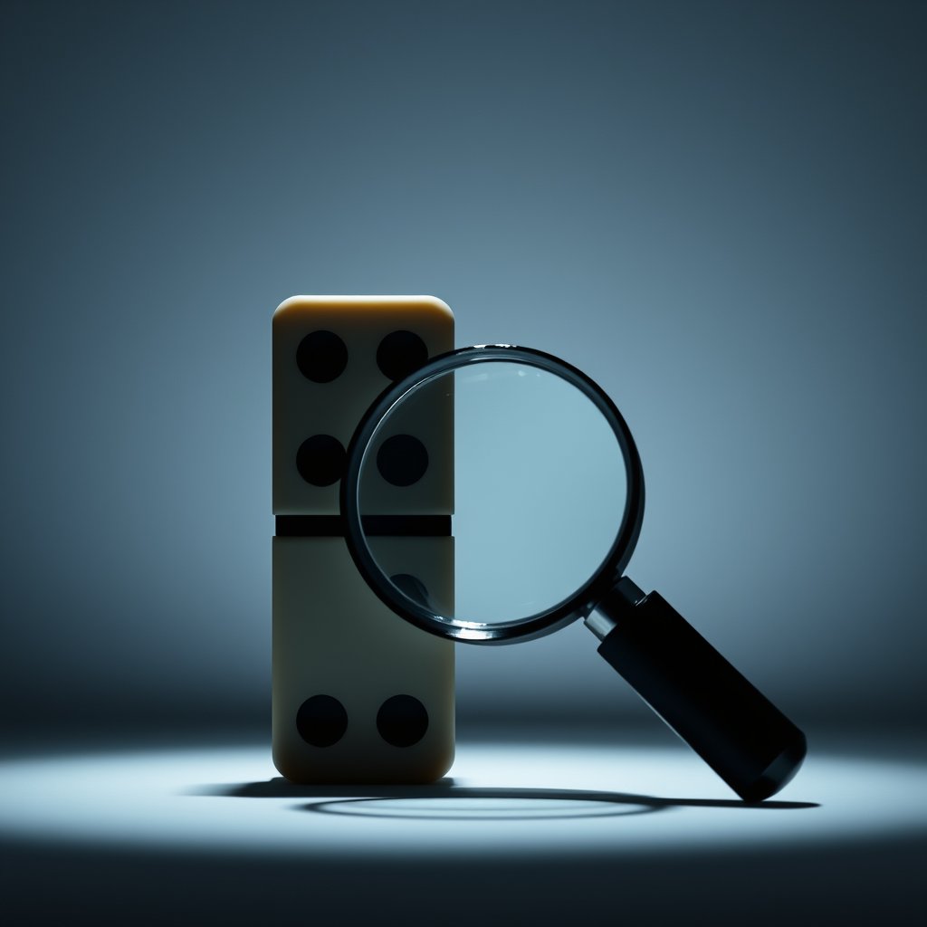 A simple domino with magnifying glass. A basic logo, moody lighting, high contrast, fine art photography