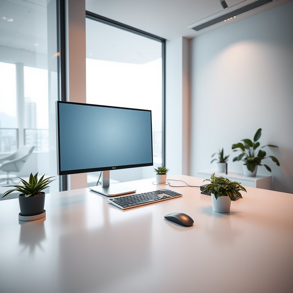 Modern minimalist tech workspace with dual monitors, sleek keyboard and mouse, soft natural lighting from large windows, clean white and gray tones, plants on desk, calm professional atmosphere, wide angle — no people, no text, cinematic lighting, vibrant colors, dramatic atmosphere