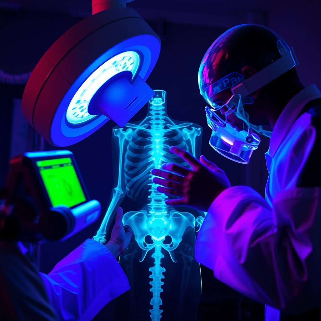 X-ray examination, cinematic lighting, vibrant colors, dramatic atmosphere