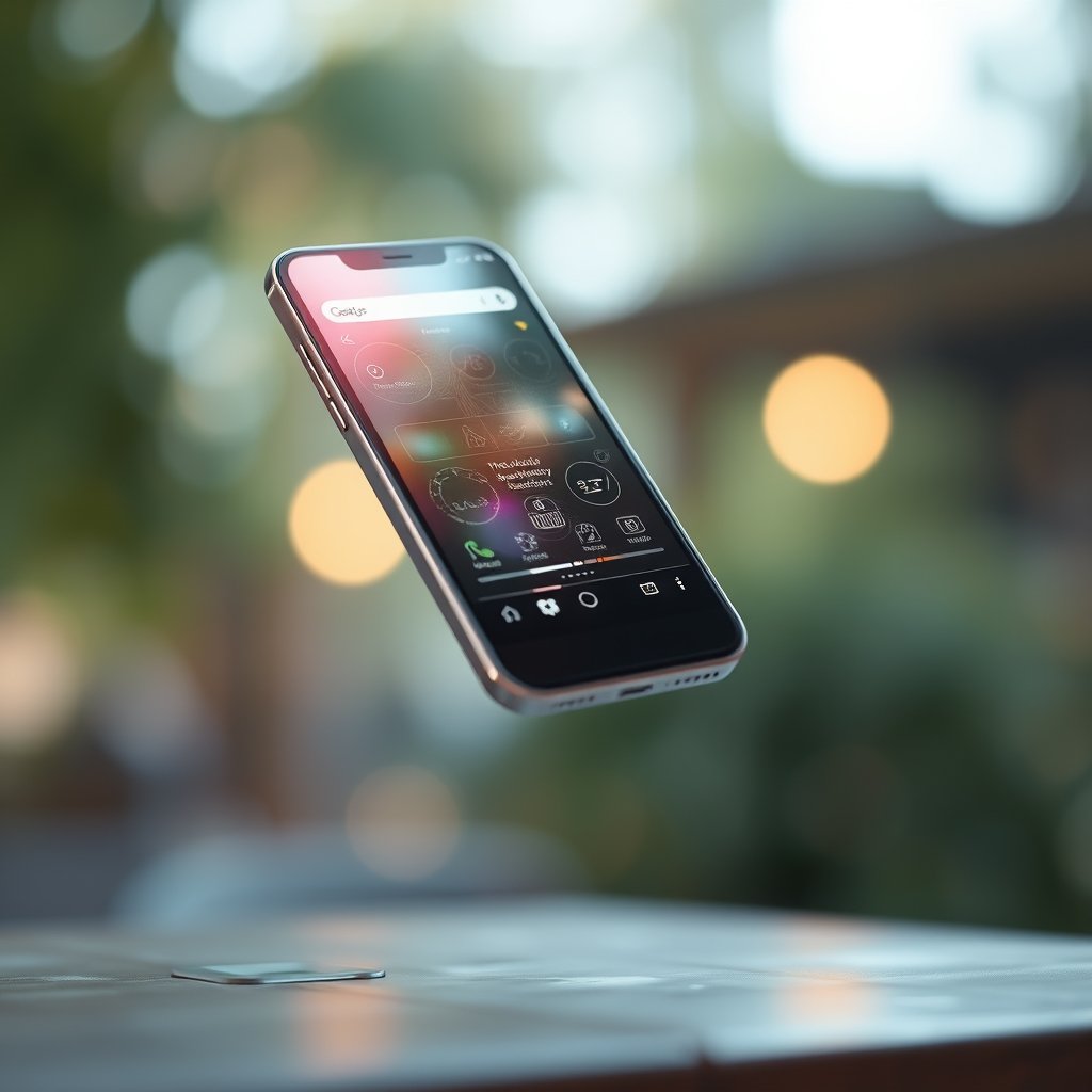 a smartphone floating with holographic interface, soft natural light, shallow depth of field, bokeh