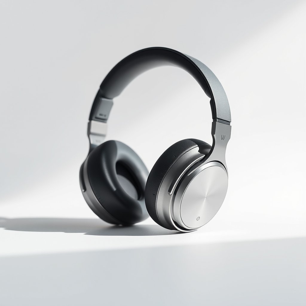 Premium wireless over-ear headphones in space gray / silver, minimalist studio lighting, isolated on clean white background, product photography style, soft shadows, high detail, 8K, commercial product shot — no text, no logo, no person, soft natural light, shallow depth of field, bokeh
