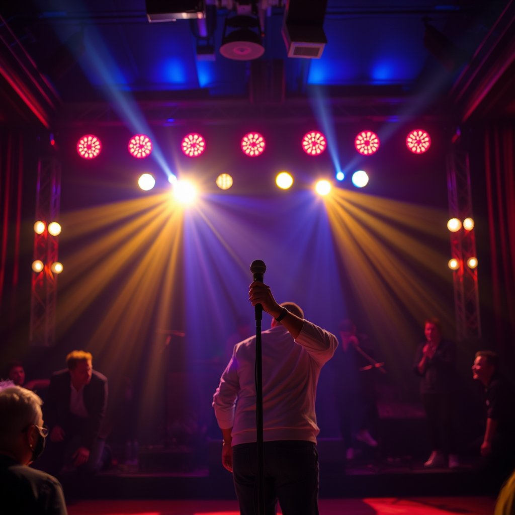 standup comedy show, cinematic lighting, vibrant colors, dramatic atmosphere