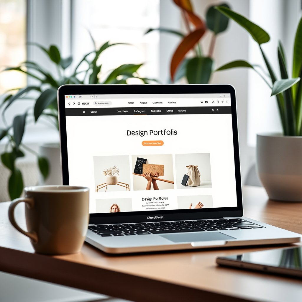 MacBook laptop showing a design portfolio website, coffee cup beside it, plants in background, cozy modern workspace, natural light, bright and airy, pastel tones, dreamy aesthetic