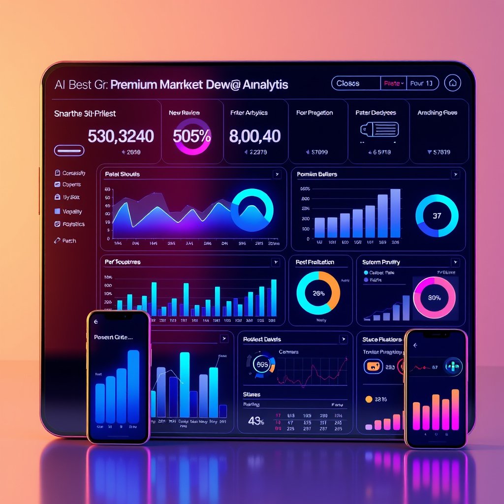 Modern futuristic 3D illustration of a Smartphone Market Analytics Power BI dashboard. Premium smartphones from multiple brands, interactive dashboard with pricing charts, bar graphs, pie charts, battery, RAM, camera, 5G connectivity icons, performance analytics, AI-powered data visualization, blue and purple neon lighting, glassmorphism, clean professional background, ultra-realistic, cinematic lighting, 8K, no text, no watermark., golden hour lighting, warm tones, atmospheric