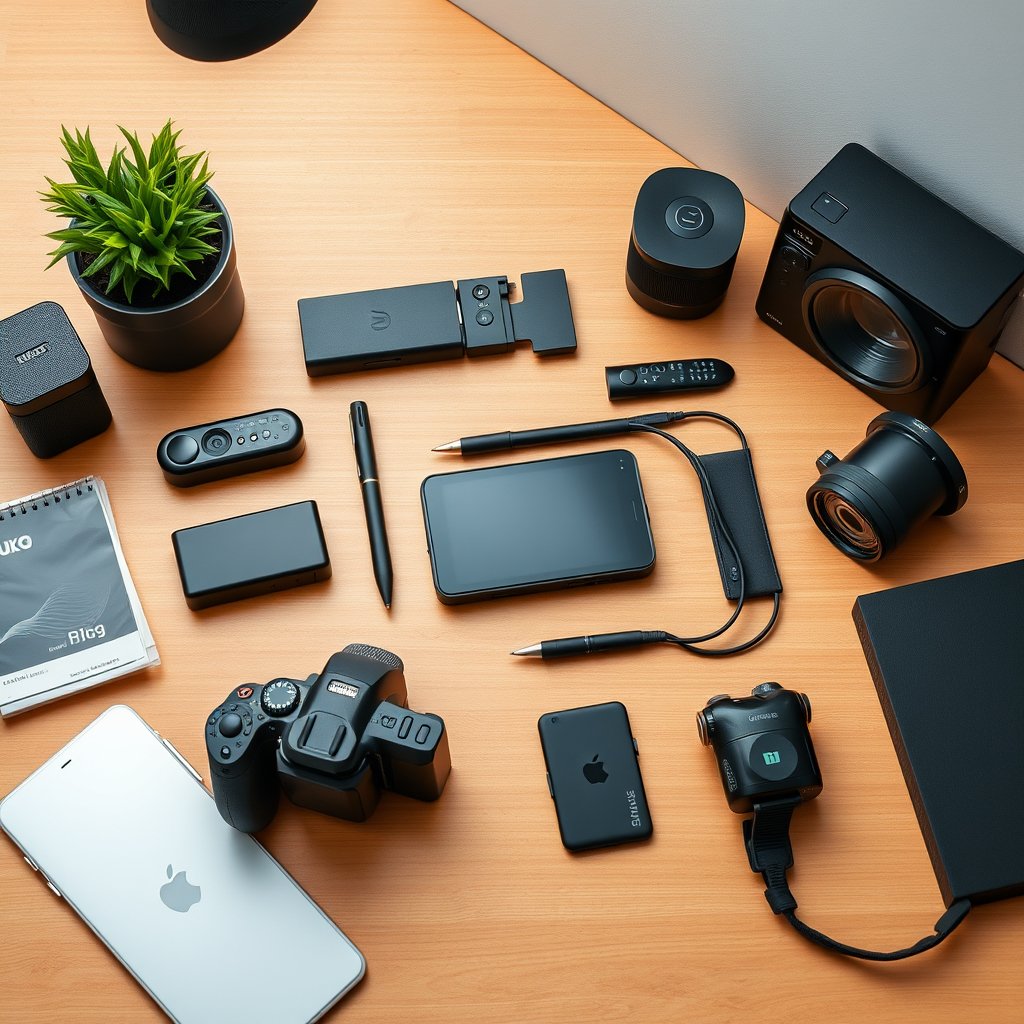 a clean flat-lay of tech gadgets on a desk, highly detailed, 8k, professional photography, sharp focus