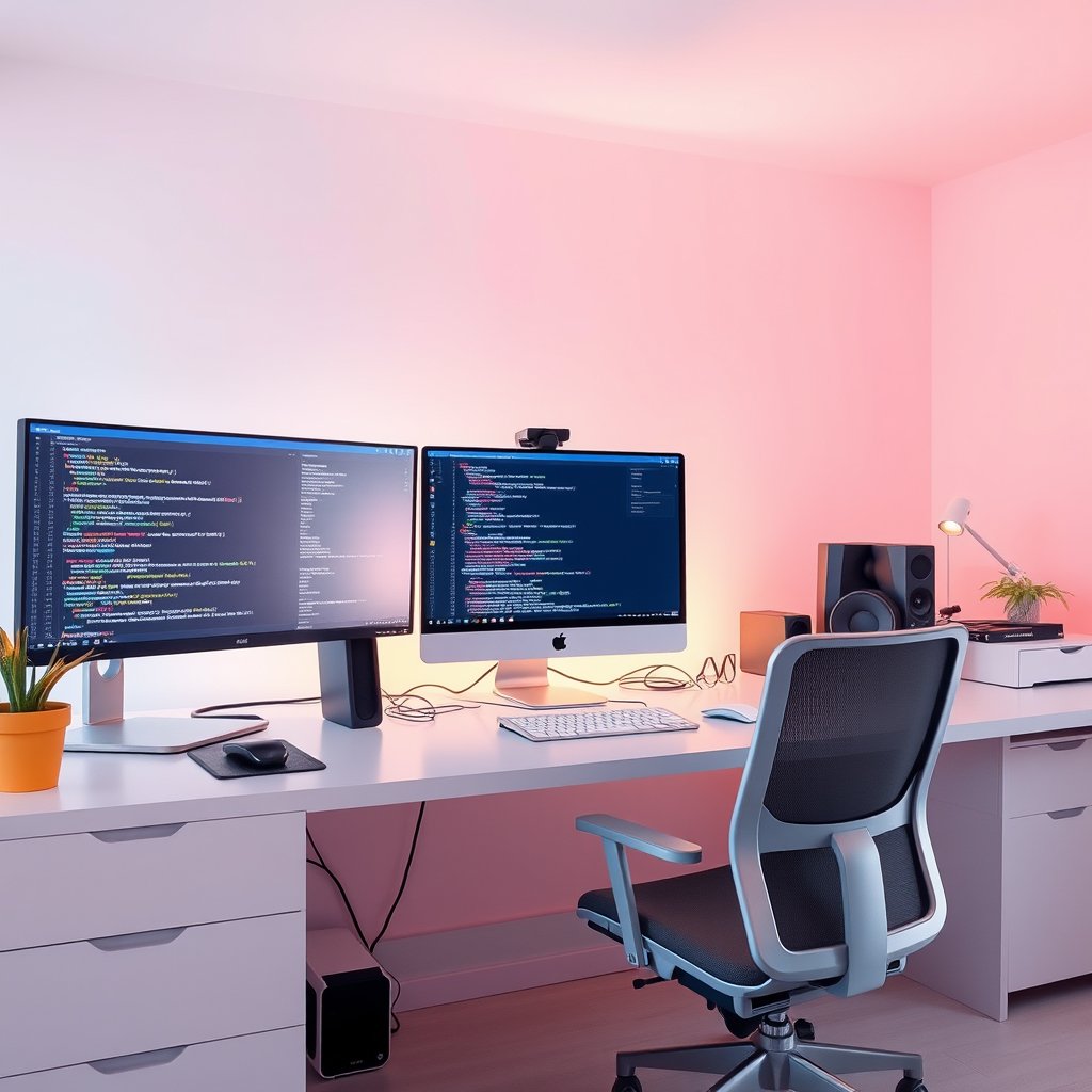 a developer workspace with multiple monitors showing code, bright and airy, pastel tones, dreamy aesthetic