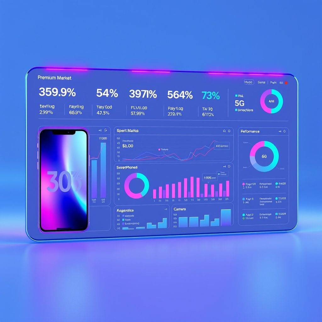 Modern futuristic 3D illustration of a Smartphone Market Analytics Power BI dashboard. Premium smartphones from multiple brands, interactive dashboard with pricing charts, bar graphs, pie charts, battery, RAM, camera, 5G connectivity icons, performance analytics, AI-powered data visualization, blue and purple neon lighting, glassmorphism, clean professional background, ultra-realistic, cinematic lighting, 8K, no text, no watermark., ultra realistic, crisp details, studio quality