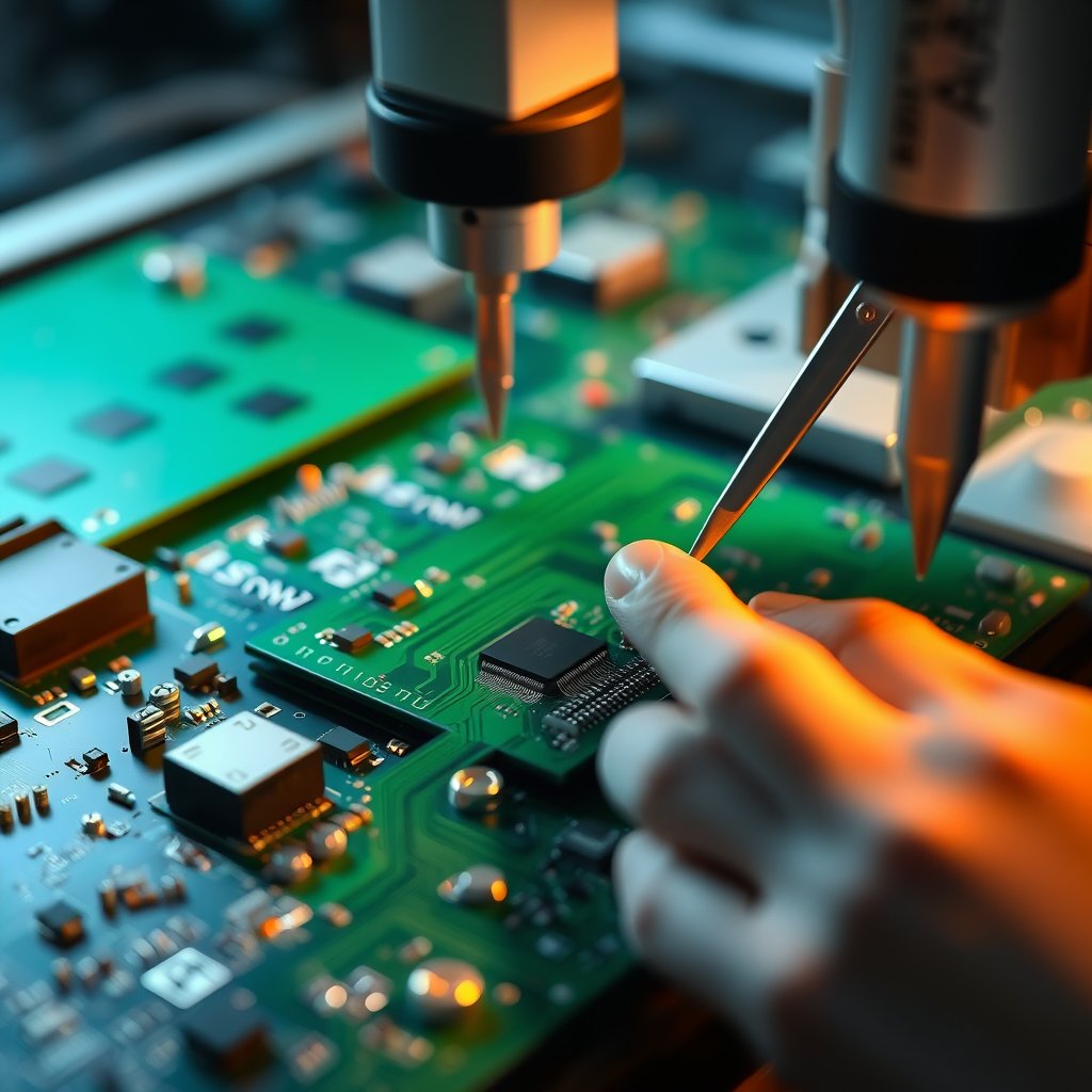 Green PCB Assembly using human operators using tweezers and pick and place machines, soft natural light, shallow depth of field, bokeh
