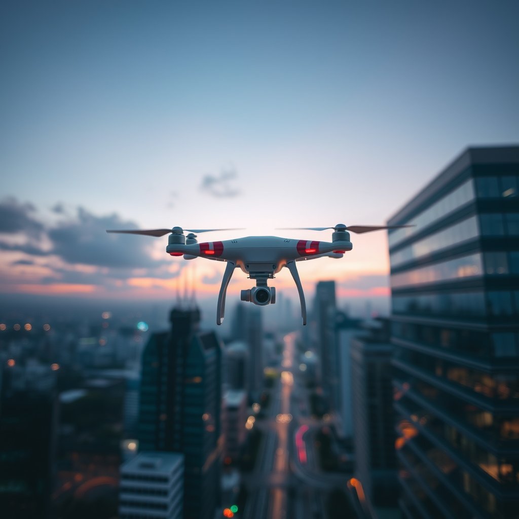 a drone flying over a modern city at dusk, bright and airy, pastel tones, dreamy aesthetic