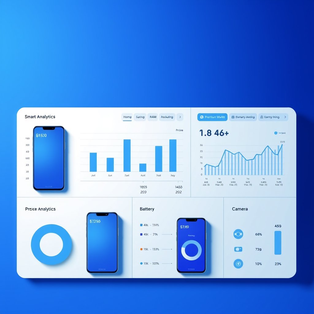 Minimal modern illustration of a Smartphone Market Analytics dashboard. Premium smartphones with simple charts, pricing analytics, battery, RAM, camera, and 5G icons. Clean white and blue background, subtle gradients, soft shadows, glassmorphism, professional Power BI dashboard style, elegant UI, high quality, no text, no watermark., moody lighting, high contrast, fine art photography