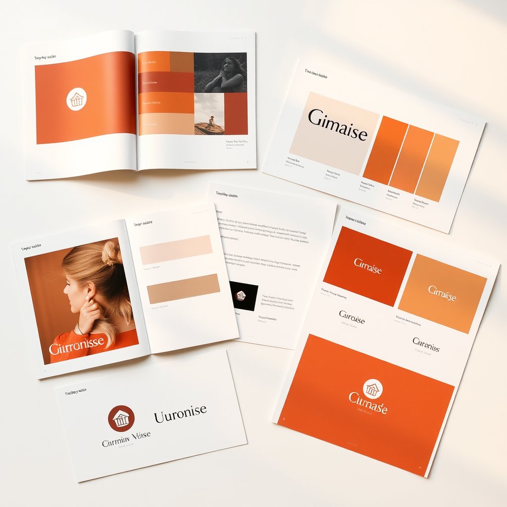 Brand style guide spread on a table with color palette samples, typography sheets, and logo variations, clean white background, professional, golden hour lighting, warm tones, atmospheric