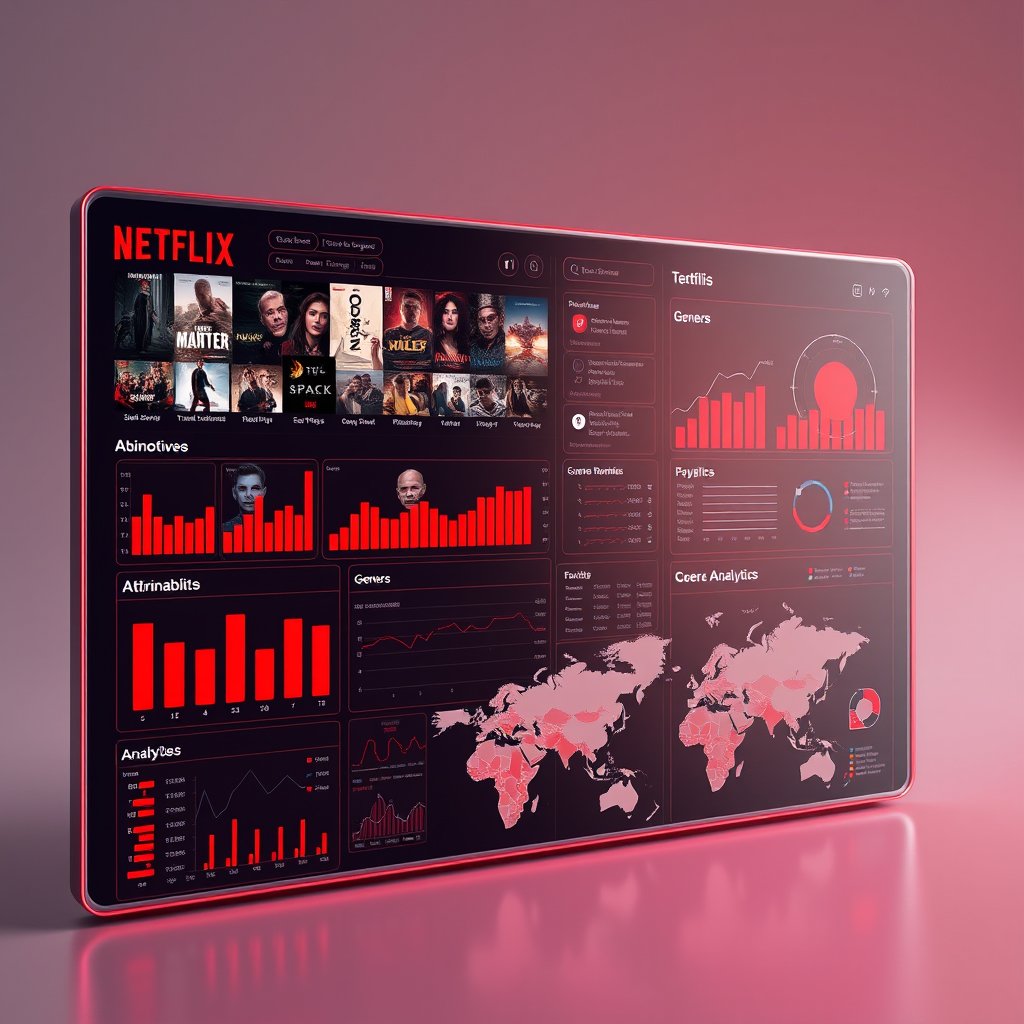 Modern futuristic 3D illustration of a Netflix Content Analysis data analytics project. Streaming platform dashboard with movie and TV show thumbnails, interactive charts, bar graphs, pie charts, trend lines, genre analysis, world map showing regional availability, AI-powered analytics, data visualization, red and black neon theme, cinematic lighting, glassmorphism, clean professional background, ultra-realistic, 8K, no text, no watermark., golden hour lighting, warm tones, atmospheric