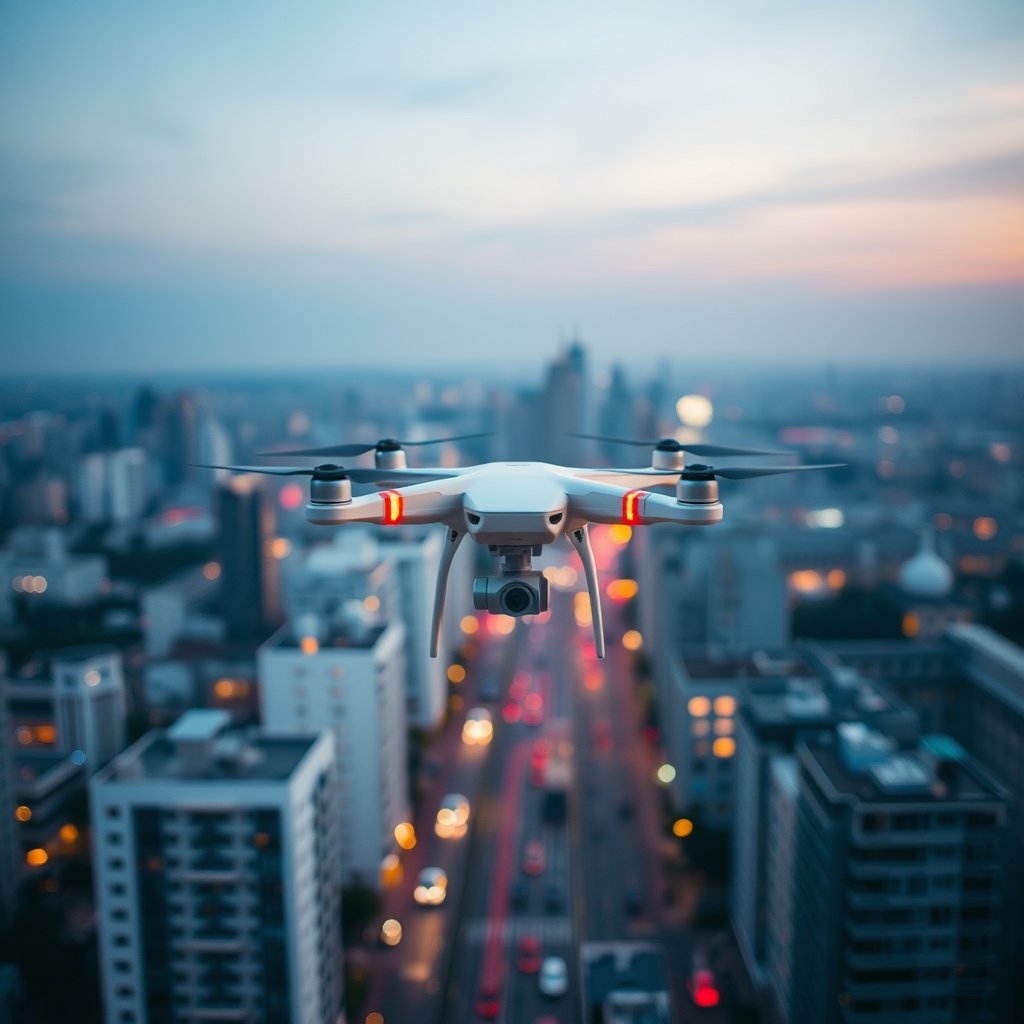 a drone flying over a modern city at dusk, bright and airy, pastel tones, dreamy aesthetic, soft natural light, shallow depth of field, bokeh