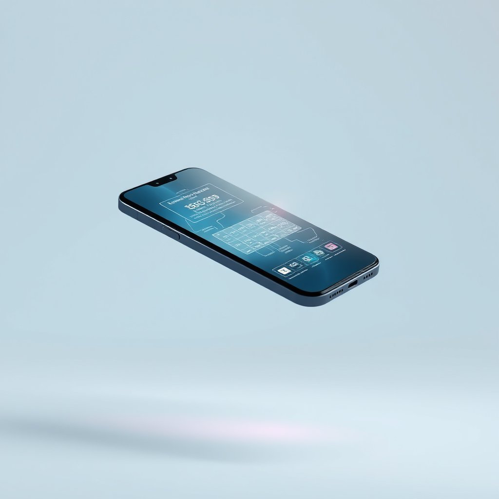a smartphone floating with holographic interface, minimalist composition, clean background, elegant