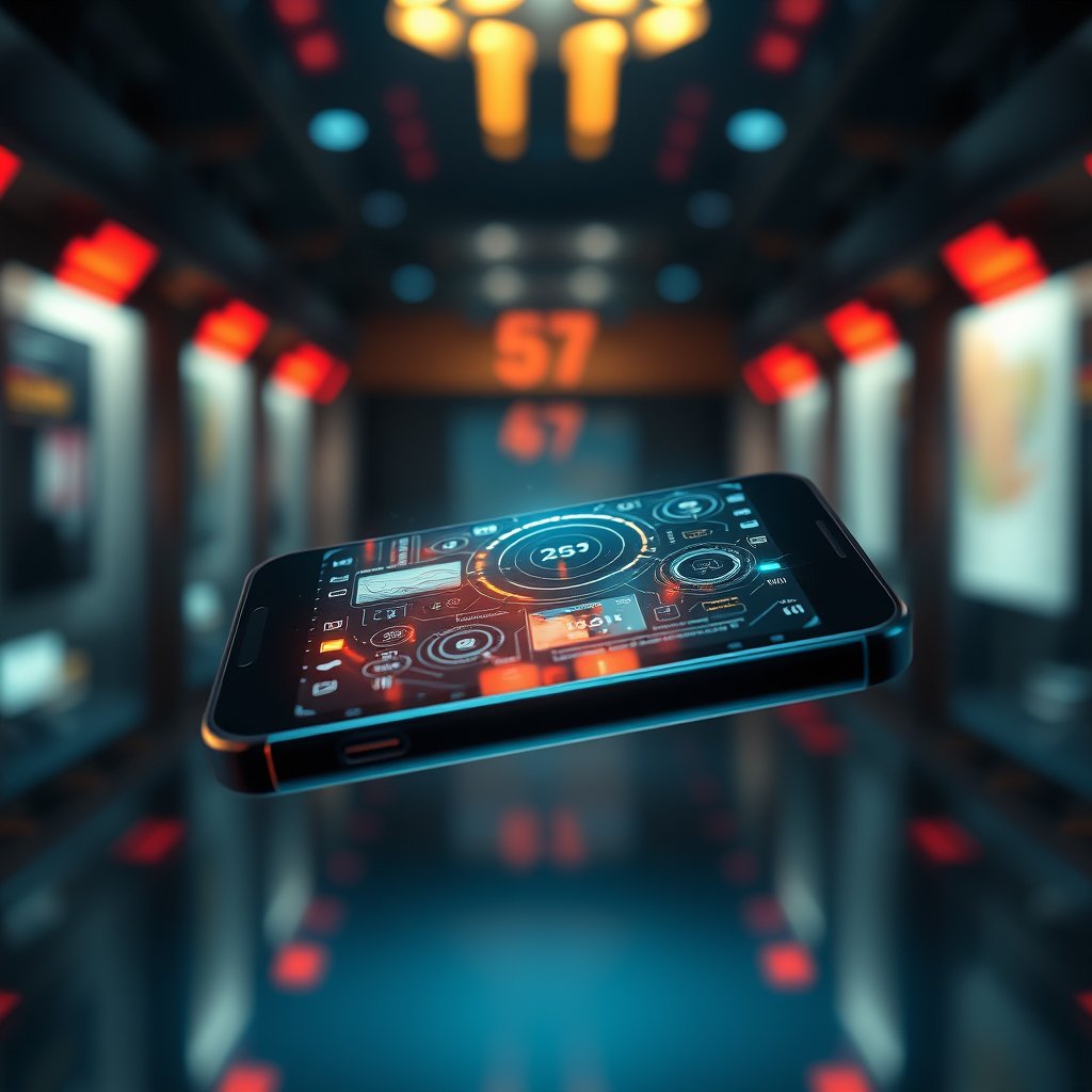 a smartphone floating with holographic interface, ultra realistic, crisp details, studio quality, cinematic lighting, vibrant colors, dramatic atmosphere