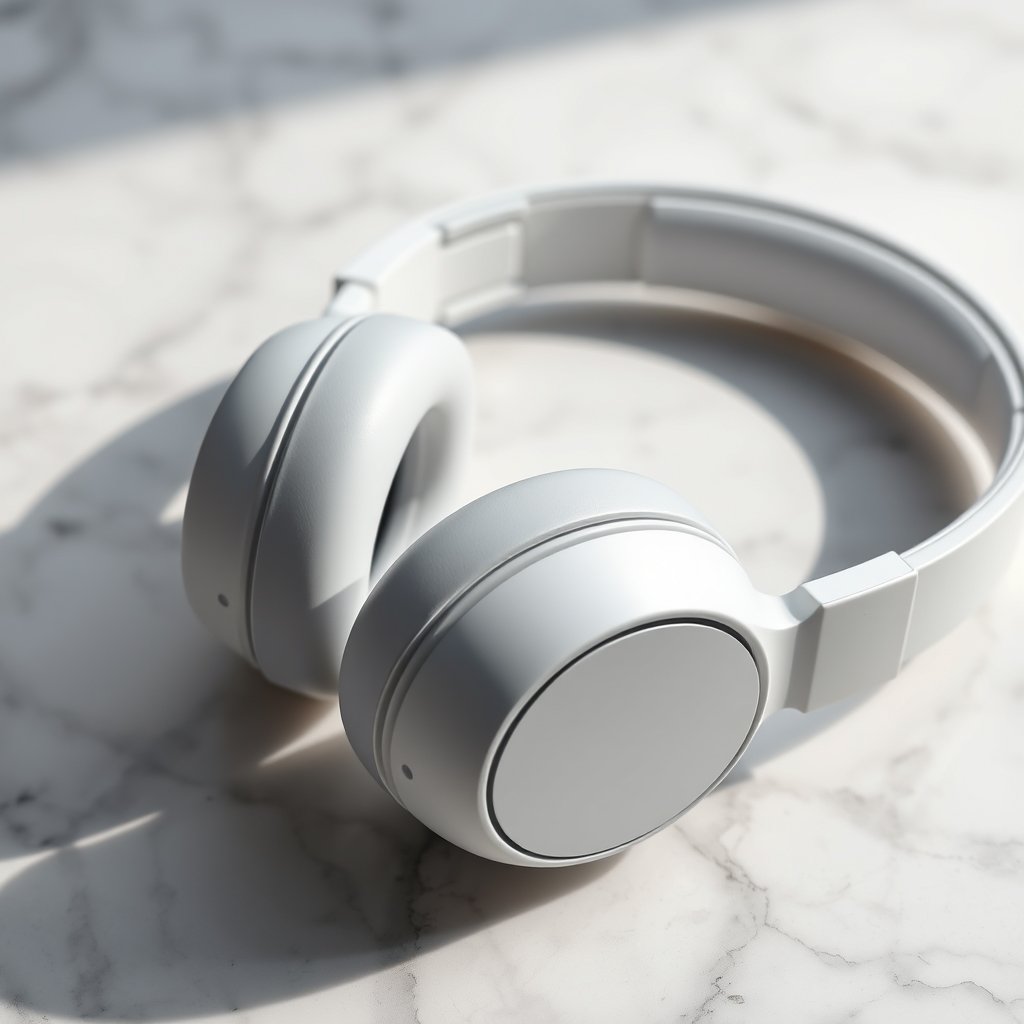 Close-up of white wireless headphones on marble surface, minimalist, elegant, soft shadows, highly detailed, 8k, professional photography, sharp focus