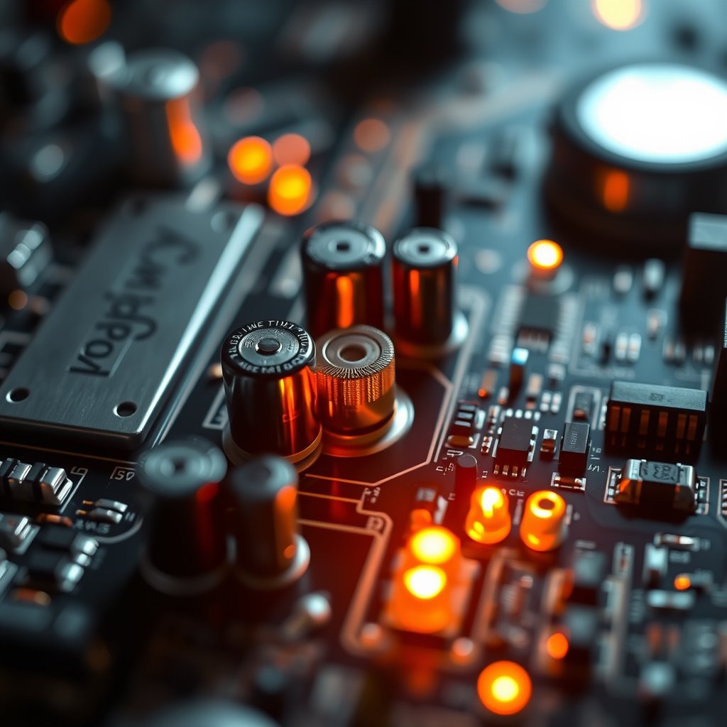 a circuit board macro shot with glowing components, ultra realistic, crisp details, studio quality