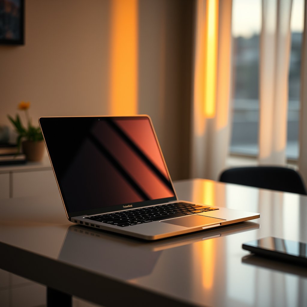 a sleek modern laptop on a clean desk with soft lighting, golden hour lighting, warm tones, atmospheric
