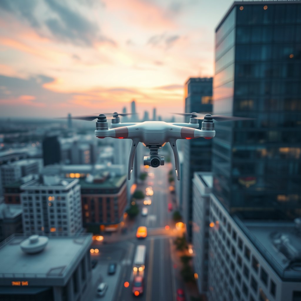 a drone flying over a modern city at dusk, bright and airy, pastel tones, dreamy aesthetic
