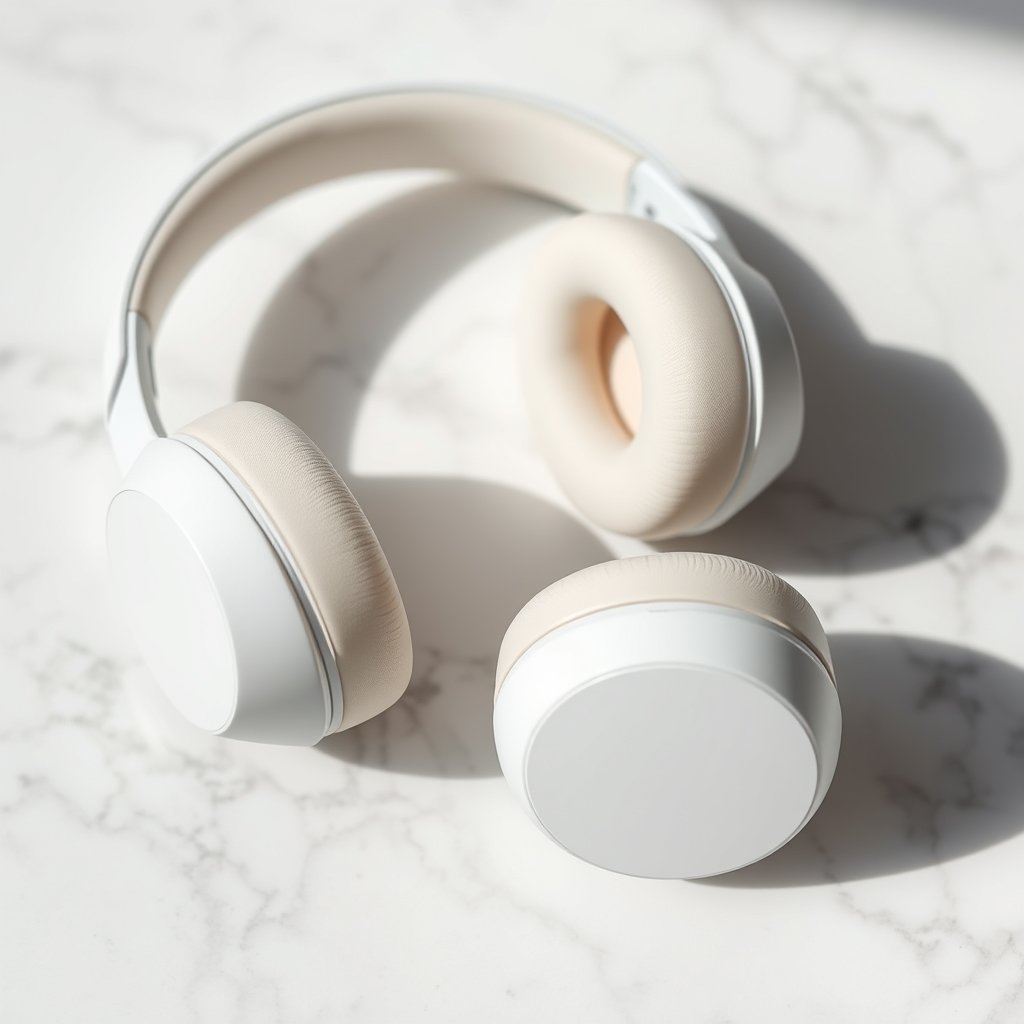 Close-up of white wireless headphones on marble surface, minimalist, elegant, soft shadows, bright and airy, pastel tones, dreamy aesthetic