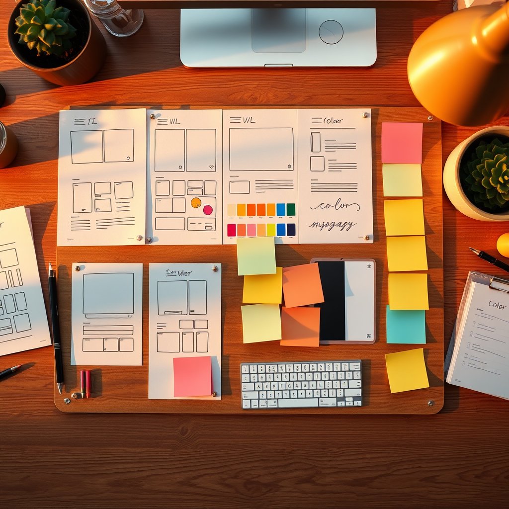 Modern mood board with UI sketches, color swatches and sticky notes on a wooden desk, top-down flat lay, warm lighting, creative workspace, golden hour lighting, warm tones, atmospheric