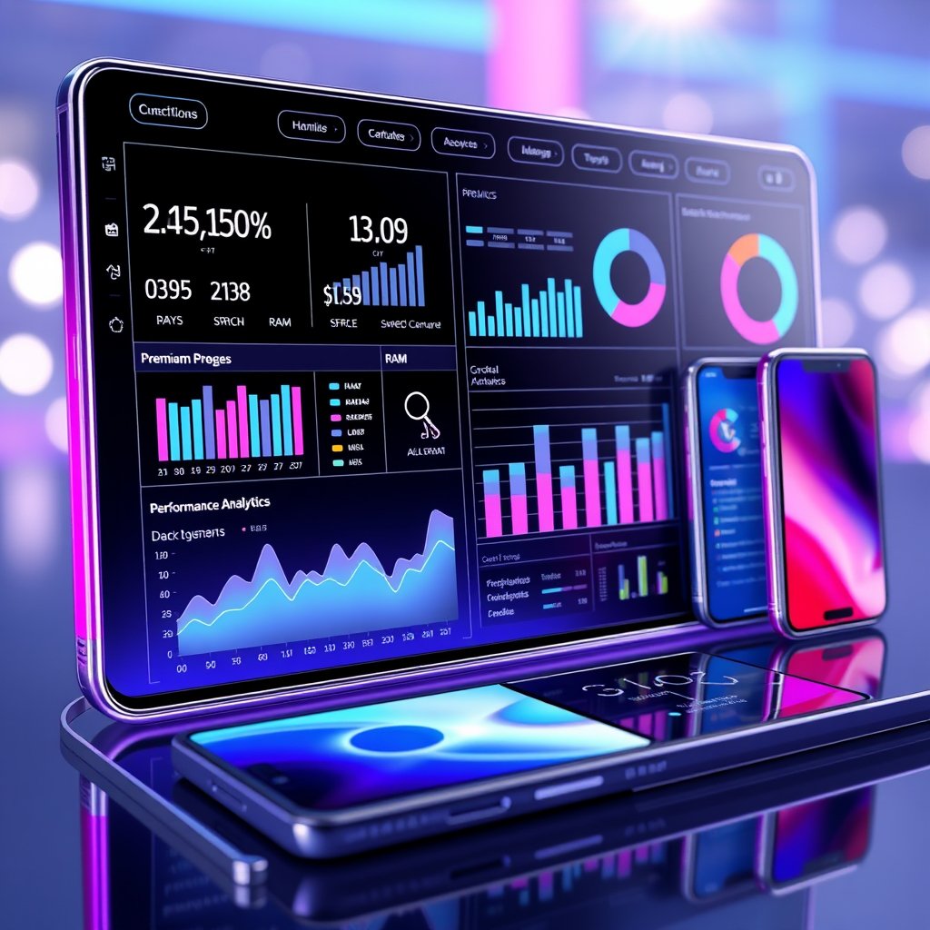 Modern futuristic 3D illustration of a Smartphone Market Analytics Power BI dashboard. Premium smartphones from multiple brands, interactive dashboard with pricing charts, bar graphs, pie charts, battery, RAM, camera, 5G connectivity icons, performance analytics, AI-powered data visualization, blue and purple neon lighting, glassmorphism, clean professional background, ultra-realistic, cinematic lighting, 8K, no text, no watermark., soft natural light, shallow depth of field, bokeh