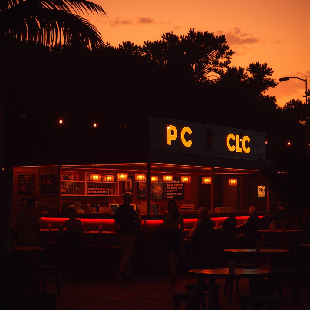 pc club, golden hour lighting, warm tones, atmospheric